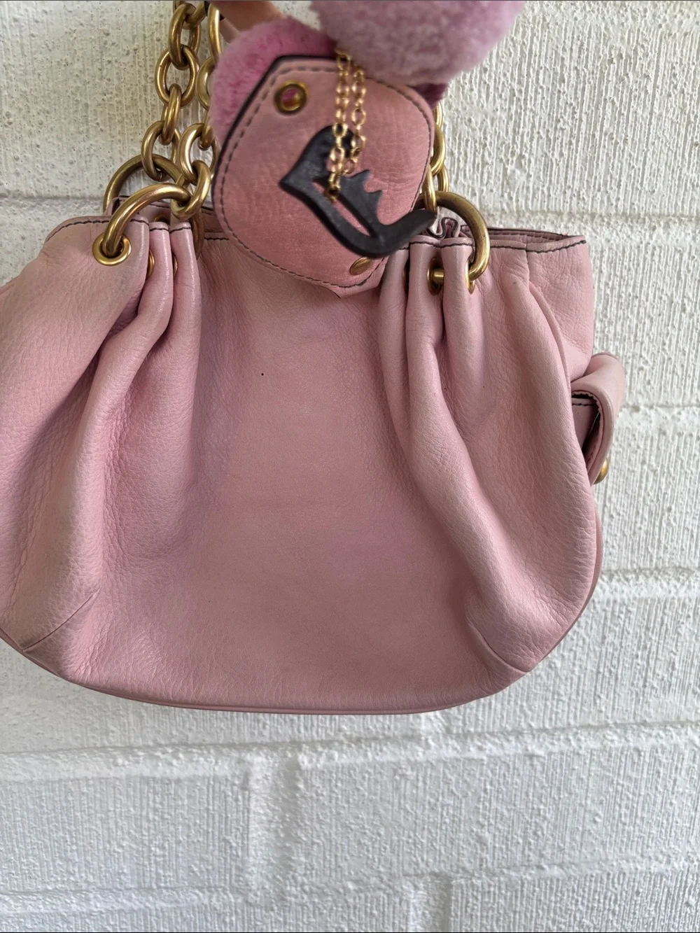 Juicy Couture Leather Vintage Soft Pink Shoulder Handbag with Gold Chain Details